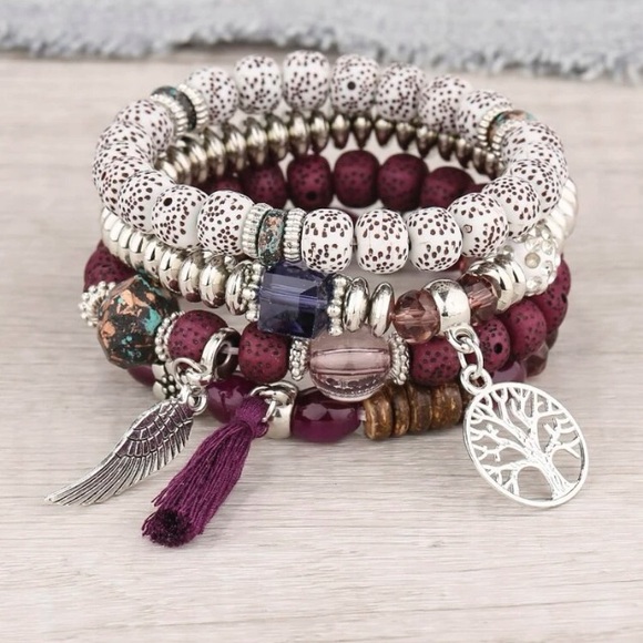 🌳 4 Pcs Tree of Life, Tassel Purple Charm  Beaded Bracelet Set NWT - Picture 1 of 6